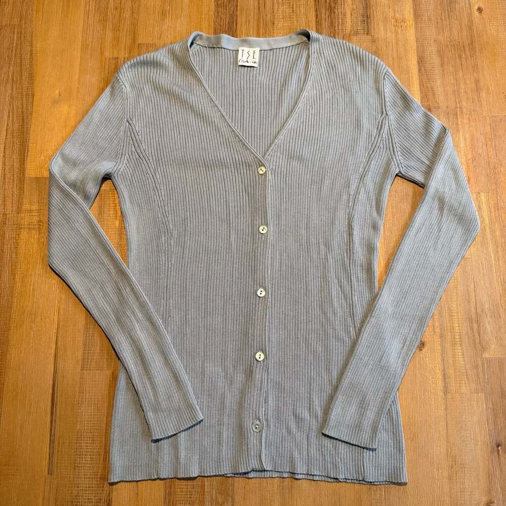 TSE Fashion Light Blue Ribbed Knit V-Neck Cardigan Sweater Sz S